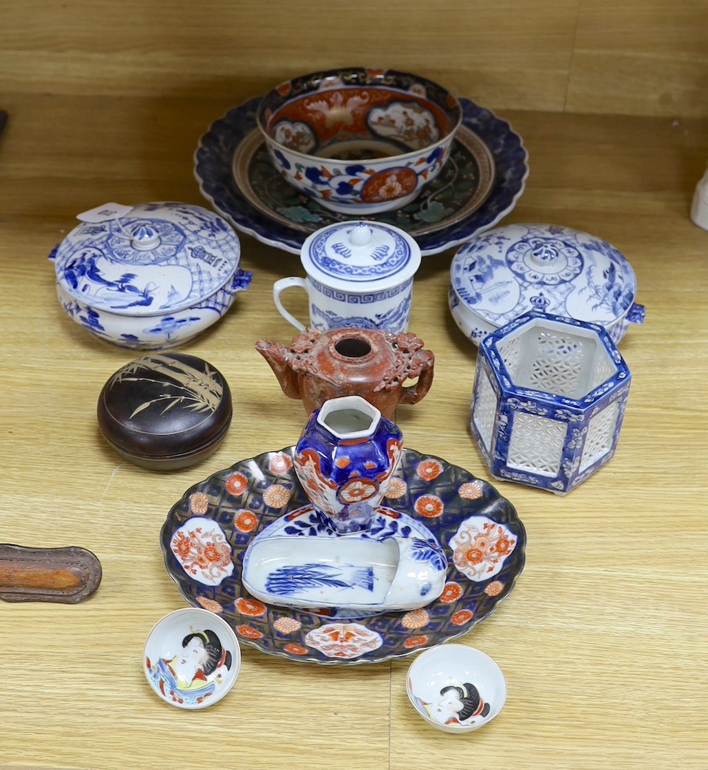 An early 20th century Chinese blue and white prunus vase, group of Chinese, Japanese porcelain Rex Hotel tureens, soapstone wine pot etc
